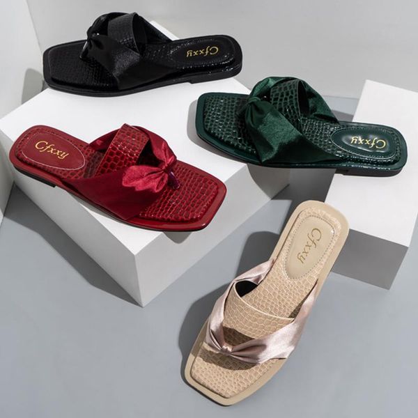 

slippers square head open toed woman shoes women ribbon personality stone pattern design flip flops solid color non-slip, Black