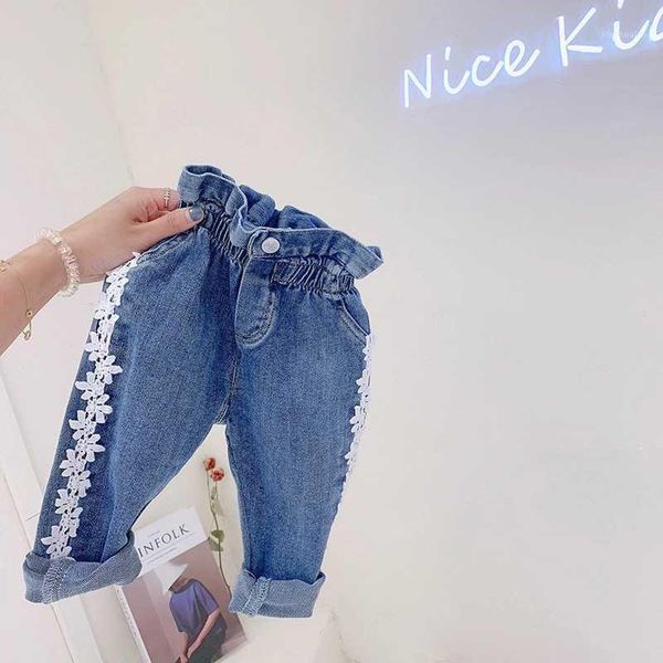 

jeans 2021 girl autumn lace pant baby kids children denim trousers1, Blue