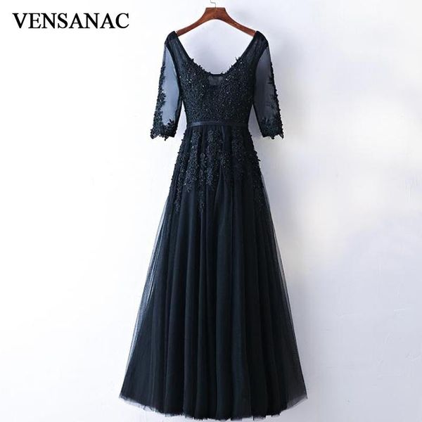 

party dresses vensanac 2021 sequined v neck lace appliques a line long evening half sleeve pearls sash backless prom gowns, White;black