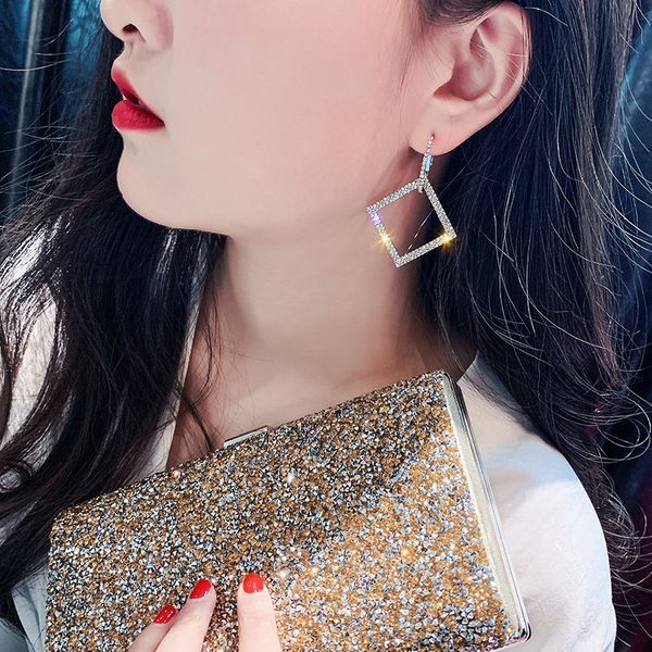 

925 silver needle euramerican hyperbole set diamond square fashion earrings female korea long style personality earrings, Golden