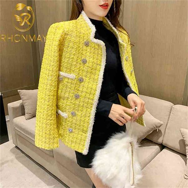 Herbst Mode Frauen Stehkragen Plaid Gelb Tweed Jacke Perlen Zweireiher Vintage Elegante Damen Quasten Twill Mantel 210922