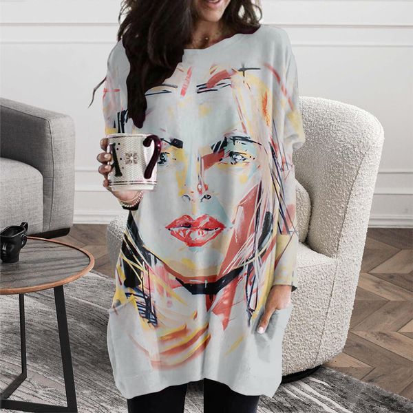 

spring and autumn character portrait printed pattern long pocket t-shirt female elements round neck loose comfortable homewear, Black;gray