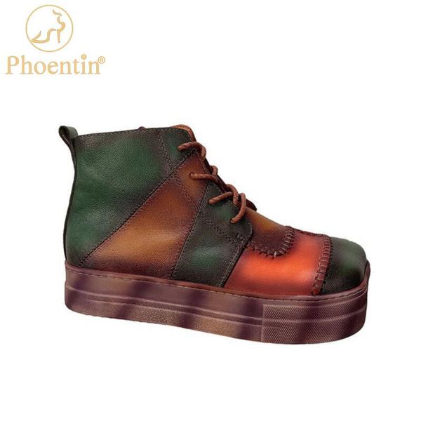 

boots phoentin genuine leather ankle women mixed color lace-up retro shoes autumn winter square toe flat platform ft1316, Black