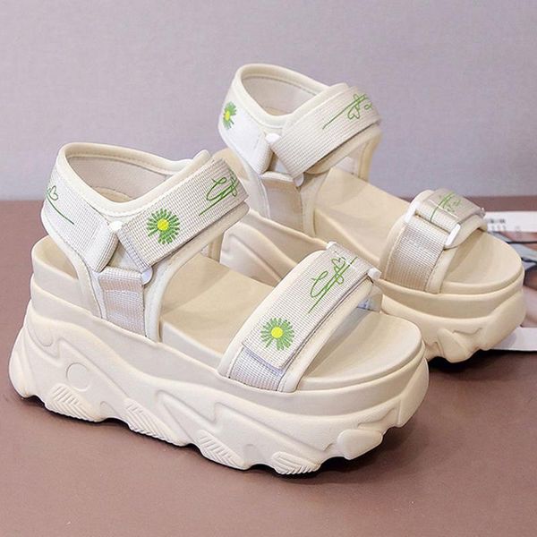 

hollow embroidery sewing thick bottom sandals fashion air mesh hook & loop flat bottom heightening shoes 8cm retro rome shoes, Black