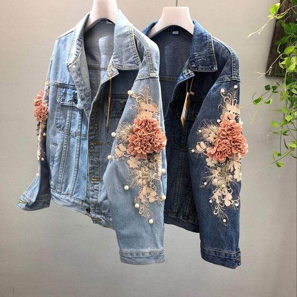 

women's jackets women spring 3d embroidery flower denim coats and bf loose havey decor oversize jean jacket street style clothes, Black;brown