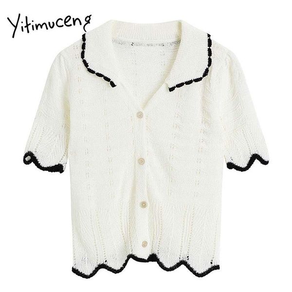 

women's knits & tees yitimuceng open stitch women sweaters hollow out straight summer 2021 unicolor white v-neck korean fashion knited