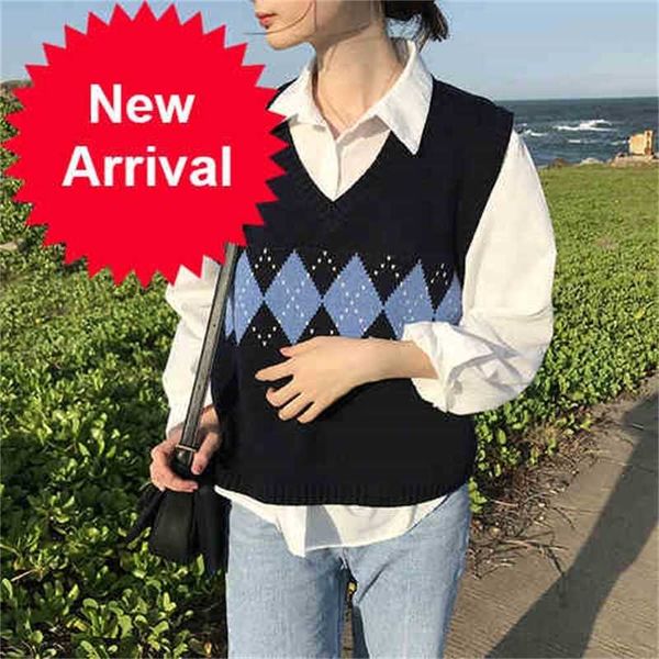 

women sweater vest autumn 2021 korean style vintage geometric argyle v neck sleeveless pullover knitted jumper tank t360, White;black