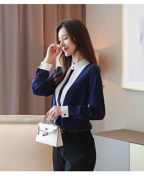 

western style spring and autumn women's lapel stitching chiffon shirt cardigan female bottoming blouses & shirts, White
