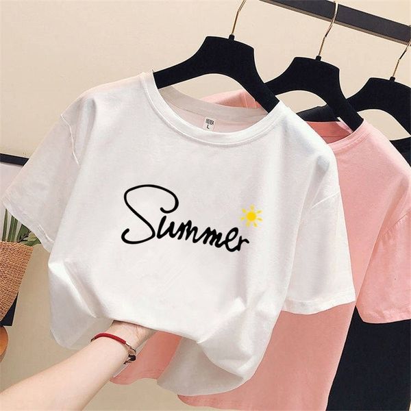 

2021 white short-sleeved t-shirt summer loose o-neck floral print women's korean-style fashion t shirt student 5ivl