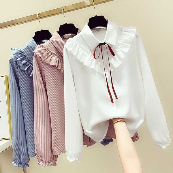 

women casual poncho style women blouse and long sleeve bow striped fashion ruffle shirts girls casual blusa mujer 210604, White