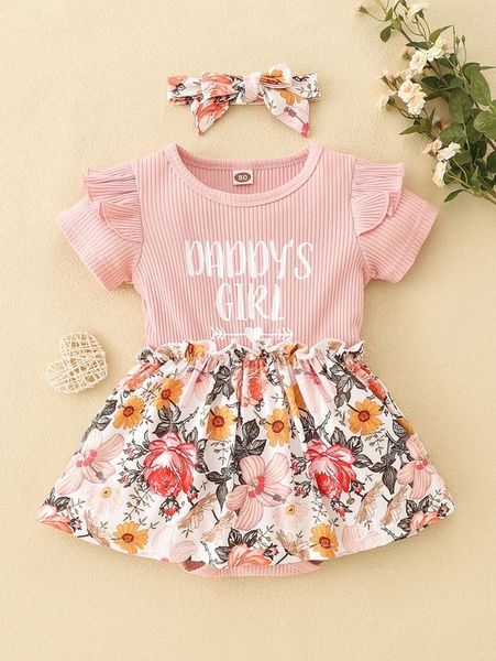 

baby slogan & floral print ruffle trim dress & headband she, Red;yellow