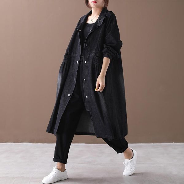 

women's trench coats [ewq] 2021 autumn pattern a-line loose solid color literary single-breasted washed vintage stand collar coat women, Tan;black