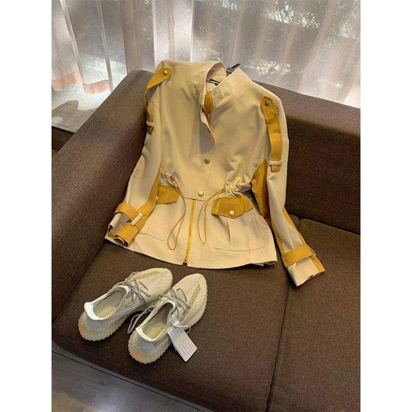 

plus size quality women autumn winter blazer trench coat female vintage elegant office ladies cloak drawstring oat for women, Tan;black