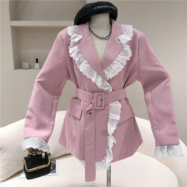 

women's spring summer 2021 niche design fashion lace and edge patchwork long sleeve suit coat temperament top, White;black