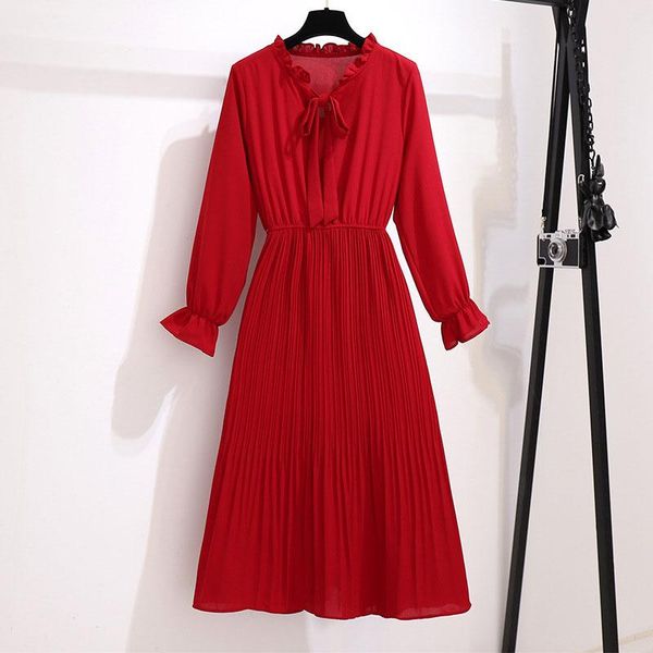 

casual dresses 2021 solid boho chic long women pleated dress vintage elegant bow collar shirt ladies sleeve summer, Black;gray