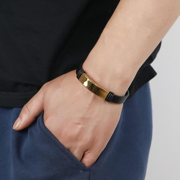 

link, chain style leather stainless steel bracelet retro cowhide light board can be engraved jewelry, Black
