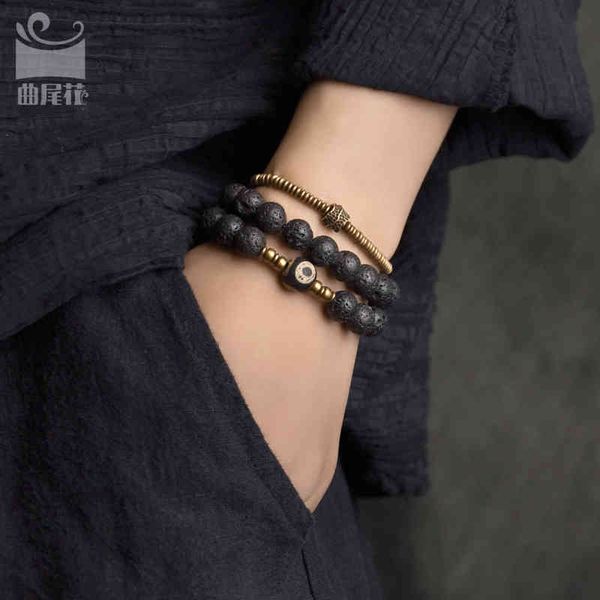 

flower design simple volcanic stone copper bracelet multi-layer trendy man dark style personalized hand jewelry bead string, Golden;silver