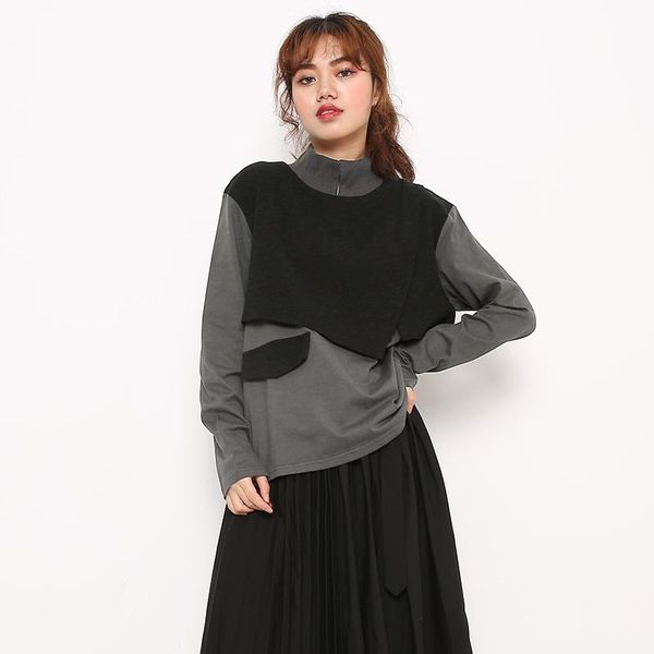

cntrast women irregular color gray big size t-shirt new turtleneck long sleeve fashion tide spring autumn 2021 1db36002, White