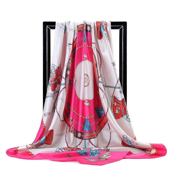 

scarves 2021 women chain print hijab scarfs fashion kerchief silk satin neck scarf female square shawls and wraps lady 90x90cm, Blue;gray