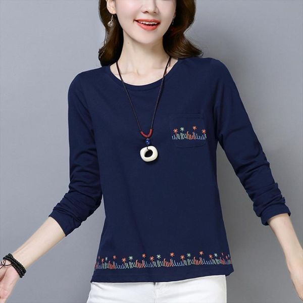 

embroidery ndie folk pockets women shirts loose plus size and long sleeve vetement femme, White