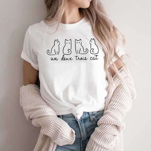 

women's t-shirt cat lover un deux trois cute shirt gift for mom tee woman tshirts graphic tees casual, White