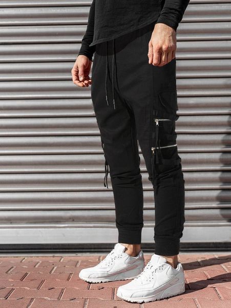

men zip strap detail drawstring waist joggers 52i0#, Black