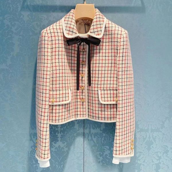 

2021 new women bow short coat pockets single breasted plaid autumn winter ladies jacket csg8, Black;brown