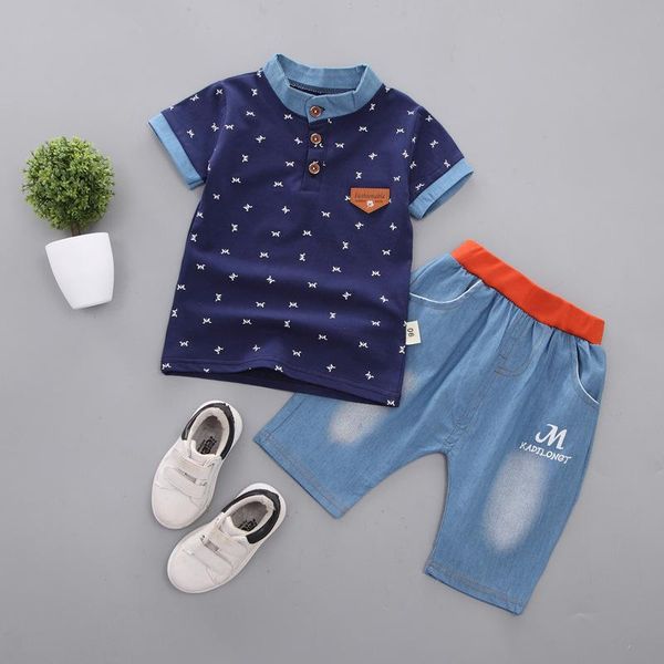 

clothing sets 2021 summer toddler kids baby boys gentleman clothes casual cotton print t-shirt+denim shorts infant girls outfits costum, White
