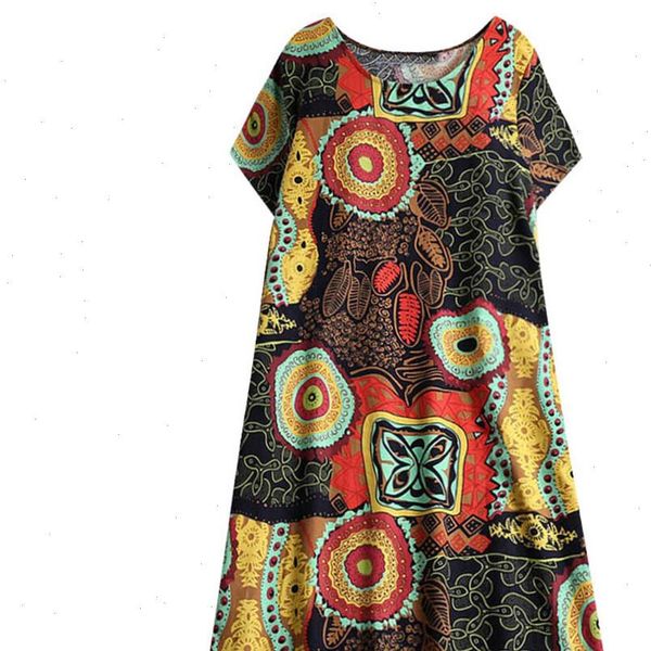 

women dress hemp cotton ethnic print short sleeved large size cute refined noble trend summer short dress, Black;gray