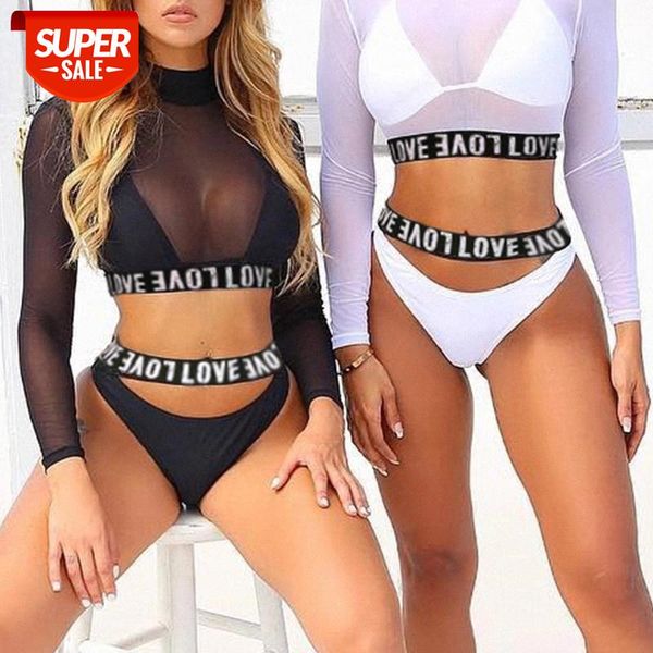 

swimsuit women 3 pieces long sleeve crop see through bikini bathing suit women biquini 2019 letter print swimwear #p91c, White;black