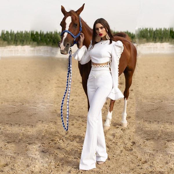 

women's two piece pants long sleeve o neck flare 2021 summer hollow lace 2 set elegant ladies fashion wide leg, White