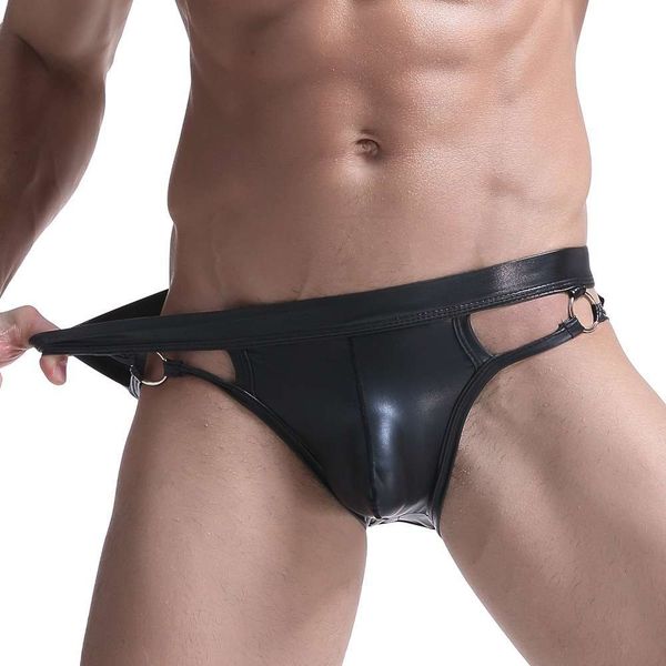

men's patent boxer underwear buckle imitation leather low waist u-convex dign, Black;white