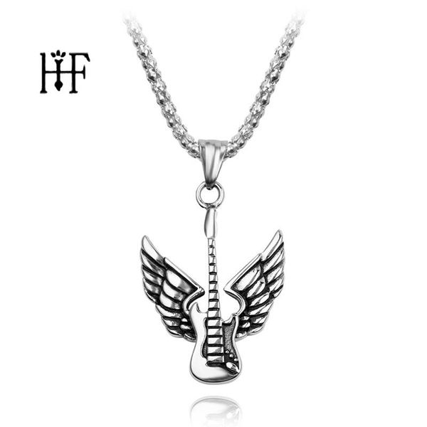 

pendant necklaces vintage guitar with chain necklace ancient silver color punk angel musician gift