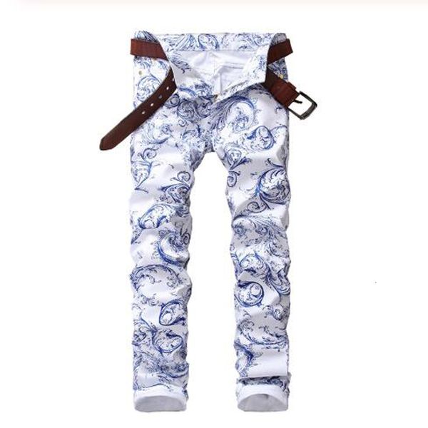 

2021 new men's male casual fashion blue and white porcelain pattern print jeans slim stretch denim pencil pants long trousers 2pwp