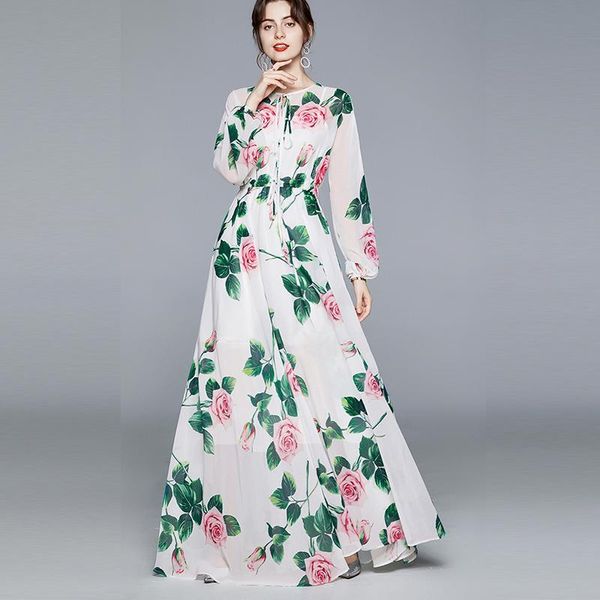 

casual dresses runway maxi autumn women floral print robe femme boho holiday big swing chiffon long, Black;gray