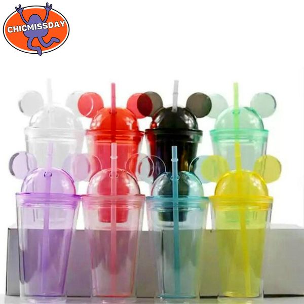 

8 colors 15oz acrylic tumbler with dome lid plus straw double wall clear plastic tumblers with mouse ear reusable cute drink cup lovely cx22