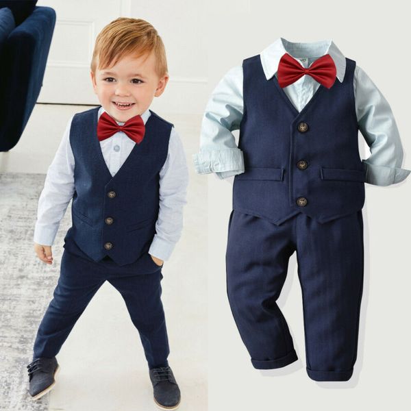 

4pcs kids baby clothes boys sets solid shirts +vest+pants wedding tuxedo formal dressy suit, White