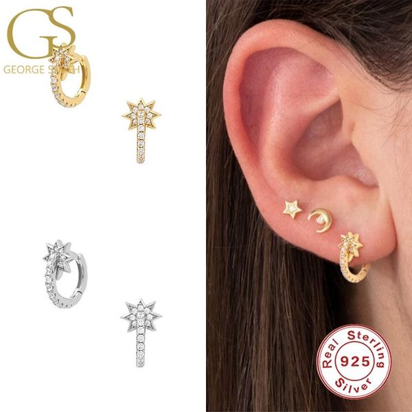 

hoop & huggie gs earring 925 sterling silver 9mm star zircon round for women piercing wedding jewelry gift pendientes brincos, Golden;silver