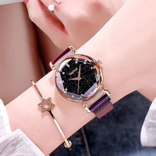 

wristwatches starry sky women watches stainless steel mesh rose gold waterproof ladies wristatch for clock drop, Slivery;brown