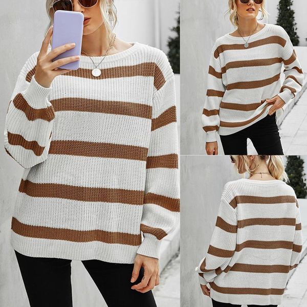 

women's fashion round neck stitching striped sweater long sleeve sweater, White;black