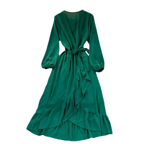 

casual dresses spring autumn women v-neck long sleeve sashes slim dress solid color irregular ruffles hem elegant, Black;gray