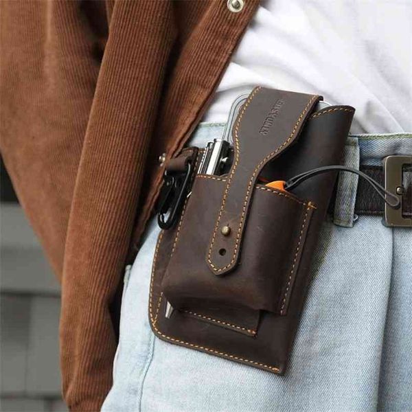 

double mobile phone holder hanging waist bag men vintage multi-function outdoor fanny pack male key pen belt bum 210911