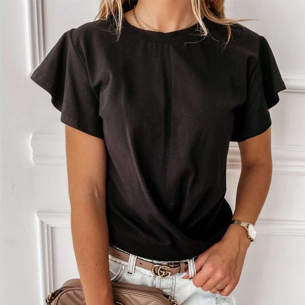 

2021 summer solid base ruffle short sleeve t-shirt for women, White