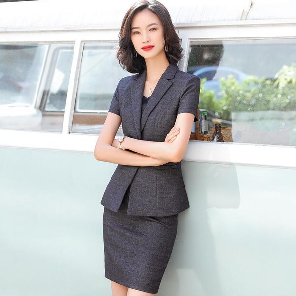 

two piece dress novelty grey fashion styles 2021 woman summer formal suits with jackets coat and skirt for women business work wear blazers, White