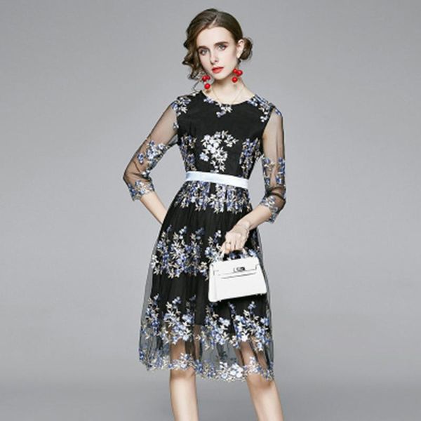 

casual dresses runway women high-end embroidery mesh dress summer elegant lady o-collar floral designer simple banquet vestidos, Black;gray