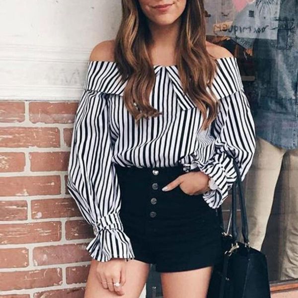

women's blouses & shirts women black white striped slash neck casual femme flare long sleeve contrast color style lady blusa basic top
