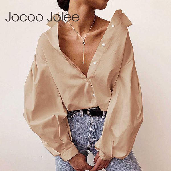

lantern sleeve elegant shirt v neck button vintage blouse turn down collar office lady loose oversized shirt female casual 210619, White