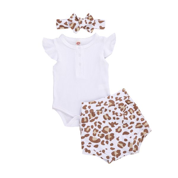 

0-18m newborn baby girls boys clothes sets ruffles short sleeve white romper leopard shorts headband 3pcs