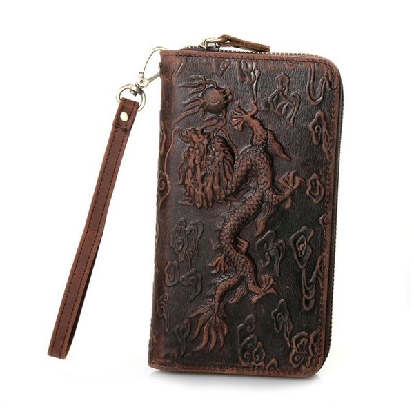 

yourseason men long hand wallet 2021 retro handmade male dragon tiger embossing wallets card bag phone purse crazy horse leather, Red;black