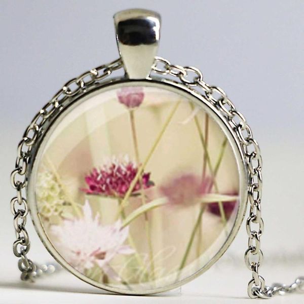 

pendant necklaces pink white flowers art glass cabochon plated necklace for man woman jewelry as gifts, Silver